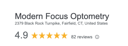 Image reads: Modern Focus Optometry.  Shows a rating of 4.9, five stars, 82 reviews.